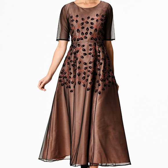 eshakti Dresses & Skirts - eShakti Leafy Vine Embellished Tulle Dupioni Dress